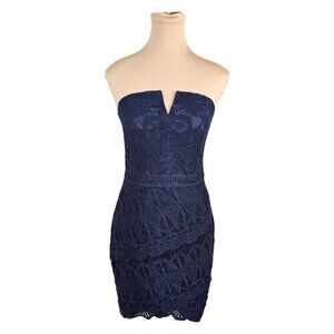 Adelyn Rae Dark Navy Blue Lace Strapless Mini Dress Boned Corset Sz S